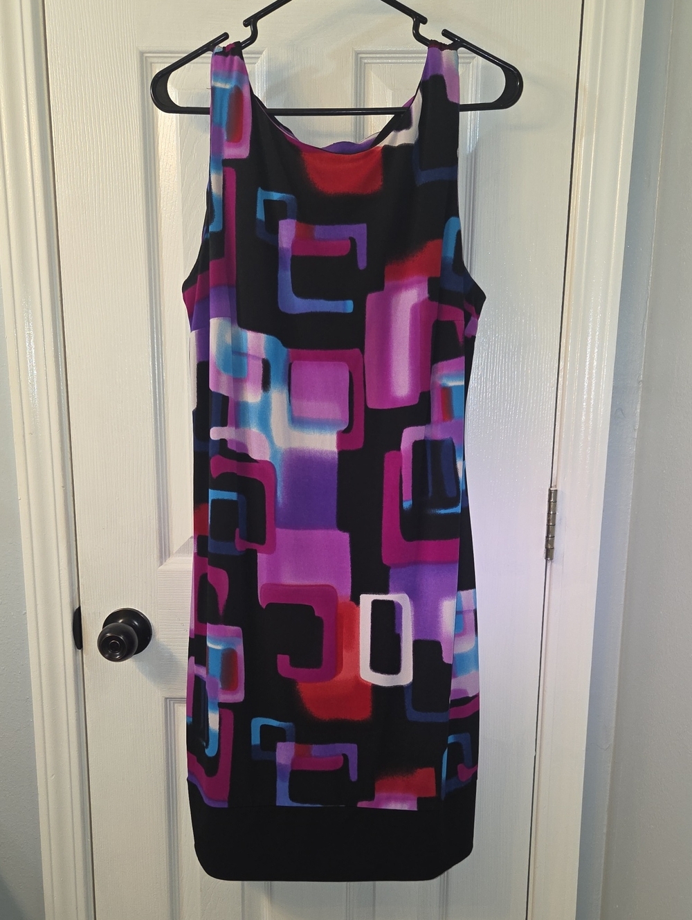 AB Studio Sleeveless Midi Dress in Purple, Black and Blue Geometric Print